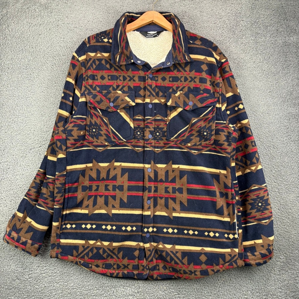 Members Mark Mens XL Fleece Shacket Sherpa Lined Southwestern‎ Aztec Navy Blue